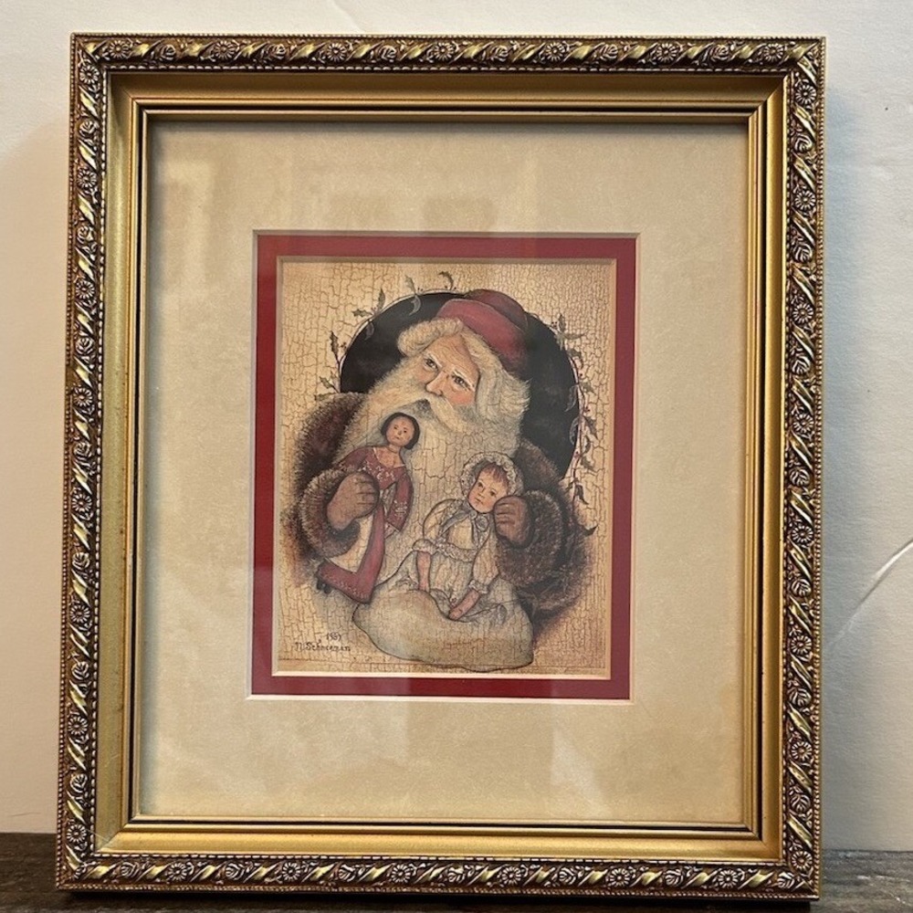 1987 N Schneeman Santa Claus Framed Folk Art Print Gold Ornate Frame Winter Vtg